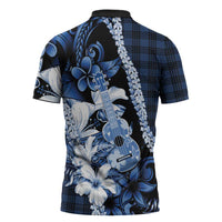 Hawaii Ukulele Zipper Polo Shirt Tropical Flowers With Palaka Effect Blue Version LT05 - Polynesian Pride