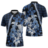 Hawaii Ukulele Zipper Polo Shirt Tropical Flowers With Palaka Effect Blue Version LT05 - Polynesian Pride
