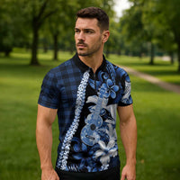 Hawaii Ukulele Zipper Polo Shirt Tropical Flowers With Palaka Effect Blue Version LT05 - Polynesian Pride