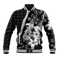 Hawaii Ukulele Baseball Jacket Tropical Flowers With Palaka Effect Black Version LT05 Unisex Black - Polynesian Pride