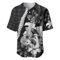 Hawaii Ukulele Baseball Jersey Tropical Flowers With Palaka Effect Black Version - Polynesian Pride