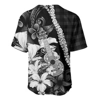 Hawaii Ukulele Baseball Jersey Tropical Flowers With Palaka Effect Black Version LT05 - Polynesian Pride