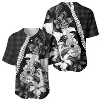Hawaii Ukulele Baseball Jersey Tropical Flowers With Palaka Effect Black Version LT05 - Polynesian Pride