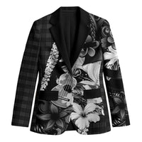 Hawaii Ukulele Blazer Tropical Flowers With Palaka Effect Black Version LT05 Unisex Black - Polynesian Pride