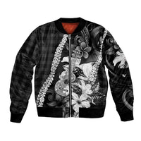 Hawaii Ukulele Bomber Jacket Tropical Flowers With Palaka Effect Black Version LT05 Unisex Black - Polynesian Pride