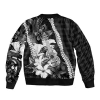 Hawaii Ukulele Bomber Jacket Tropical Flowers With Palaka Effect Black Version LT05 - Polynesian Pride