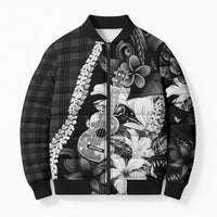Hawaii Ukulele Bomber Puffer Jacket Tropical Flowers With Palaka Effect Black Version LT05 Unisex Black - Polynesian Pride