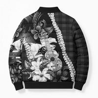 Hawaii Ukulele Bomber Puffer Jacket Tropical Flowers With Palaka Effect Black Version LT05 - Polynesian Pride