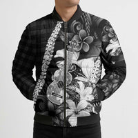Hawaii Ukulele Bomber Puffer Jacket Tropical Flowers With Palaka Effect Black Version LT05 - Polynesian Pride