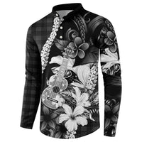 Hawaii Ukulele Button Sweatshirt Tropical Flowers With Palaka Effect Black Version LT05 - Polynesian Pride