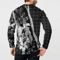 Hawaii Ukulele Button Sweatshirt Tropical Flowers With Palaka Effect Black Version LT05 - Polynesian Pride