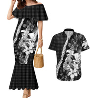 Hawaii Ukulele Couples Matching Mermaid Dress and Hawaiian Shirt Tropical Flowers With Palaka Effect Black Version LT05 Black - Polynesian Pride