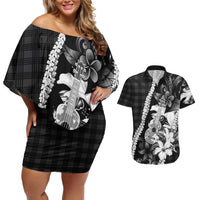 Hawaii Ukulele Couples Matching Off Shoulder Short Dress and Hawaiian Shirt Tropical Flowers With Palaka Effect Black Version LT05 Black - Polynesian Pride