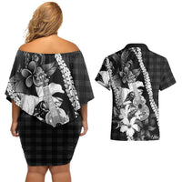 Hawaii Ukulele Couples Matching Off Shoulder Short Dress and Hawaiian Shirt Tropical Flowers With Palaka Effect Black Version LT05 - Polynesian Pride