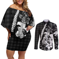 Hawaii Ukulele Couples Matching Off Shoulder Short Dress and Long Sleeve Button Shirt Tropical Flowers With Palaka Effect Black Version LT05 Black - Polynesian Pride