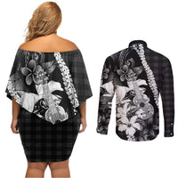 Hawaii Ukulele Couples Matching Off Shoulder Short Dress and Long Sleeve Button Shirt Tropical Flowers With Palaka Effect Black Version LT05 - Polynesian Pride