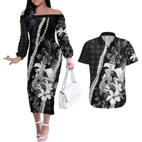 Hawaii Ukulele Couples Matching Off The Shoulder Long Sleeve Dress and Hawaiian Shirt Tropical Flowers With Palaka Effect Black Version - Polynesian Pride