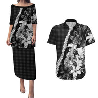Hawaii Ukulele Couples Matching Puletasi and Hawaiian Shirt Tropical Flowers With Palaka Effect Black Version LT05 Black - Polynesian Pride
