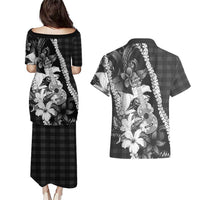 Hawaii Ukulele Couples Matching Puletasi and Hawaiian Shirt Tropical Flowers With Palaka Effect Black Version LT05 - Polynesian Pride