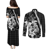 Hawaii Ukulele Couples Matching Puletasi and Long Sleeve Button Shirt Tropical Flowers With Palaka Effect Black Version LT05 - Polynesian Pride