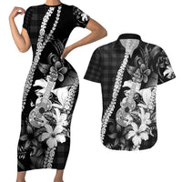 Hawaii Ukulele Couples Matching Short Sleeve Bodycon Dress and Hawaiian Shirt Tropical Flowers With Palaka Effect Black Version - Polynesian Pride