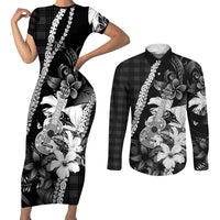 Hawaii Ukulele Couples Matching Short Sleeve Bodycon Dress and Long Sleeve Button Shirt Tropical Flowers With Palaka Effect Black Version LT05 Black - Polynesian Pride