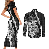 Hawaii Ukulele Couples Matching Short Sleeve Bodycon Dress and Long Sleeve Button Shirt Tropical Flowers With Palaka Effect Black Version LT05 - Polynesian Pride