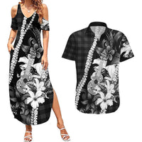 Hawaii Ukulele Couples Matching Summer Maxi Dress and Hawaiian Shirt Tropical Flowers With Palaka Effect Black Version LT05 Black - Polynesian Pride