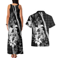 Hawaii Ukulele Couples Matching Tank Maxi Dress and Hawaiian Shirt Tropical Flowers With Palaka Effect Black Version - Polynesian Pride