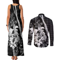 Hawaii Ukulele Couples Matching Tank Maxi Dress and Long Sleeve Button Shirt Tropical Flowers With Palaka Effect Black Version LT05 - Polynesian Pride