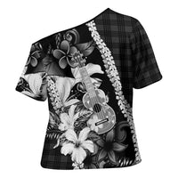 Hawaii Ukulele Cross Shoulder Shirt Tropical Flowers With Palaka Effect Black Version LT05 - Polynesian Pride