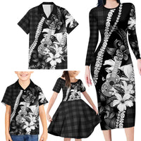 Hawaii Ukulele Family Matching Long Sleeve Bodycon Dress and Hawaiian Shirt Tropical Flowers With Palaka Effect Black Version - Polynesian Pride