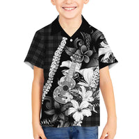 Hawaii Ukulele Family Matching Mermaid Dress and Hawaiian Shirt Tropical Flowers With Palaka Effect Black Version - Polynesian Pride