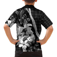 Hawaii Ukulele Family Matching Off The Shoulder Long Sleeve Dress and Hawaiian Shirt Tropical Flowers With Palaka Effect Black Version - Polynesian Pride