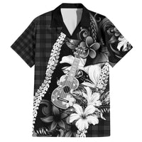 Hawaii Ukulele Family Matching Off The Shoulder Long Sleeve Dress and Hawaiian Shirt Tropical Flowers With Palaka Effect Black Version - Polynesian Pride