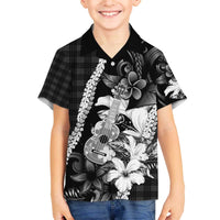 Hawaii Ukulele Family Matching Off The Shoulder Long Sleeve Dress and Hawaiian Shirt Tropical Flowers With Palaka Effect Black Version - Polynesian Pride