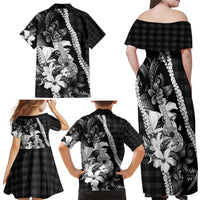 Hawaii Ukulele Family Matching Off Shoulder Maxi Dress and Hawaiian Shirt Tropical Flowers With Palaka Effect Black Version - Polynesian Pride