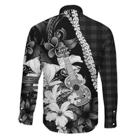 Hawaii Ukulele Family Matching Off Shoulder Maxi Dress and Hawaiian Shirt Tropical Flowers With Palaka Effect Black Version - Polynesian Pride