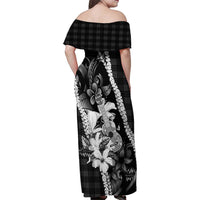 Hawaii Ukulele Family Matching Off Shoulder Maxi Dress and Hawaiian Shirt Tropical Flowers With Palaka Effect Black Version - Polynesian Pride