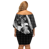 Hawaii Ukulele Family Matching Off Shoulder Short Dress and Hawaiian Shirt Tropical Flowers With Palaka Effect Black Version - Polynesian Pride