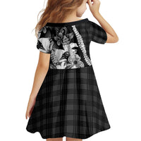 Hawaii Ukulele Family Matching Short Sleeve Bodycon Dress and Hawaiian Shirt Tropical Flowers With Palaka Effect Black Version - Polynesian Pride