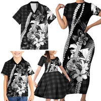Hawaii Ukulele Family Matching Short Sleeve Bodycon Dress and Hawaiian Shirt Tropical Flowers With Palaka Effect Black Version - Polynesian Pride