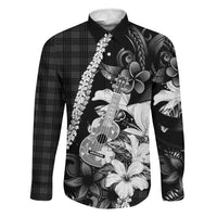 Hawaii Ukulele Family Matching Short Sleeve Bodycon Dress and Hawaiian Shirt Tropical Flowers With Palaka Effect Black Version - Polynesian Pride