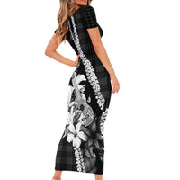 Hawaii Ukulele Family Matching Short Sleeve Bodycon Dress and Hawaiian Shirt Tropical Flowers With Palaka Effect Black Version - Polynesian Pride