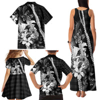 Hawaii Ukulele Family Matching Tank Maxi Dress and Hawaiian Shirt Tropical Flowers With Palaka Effect Black Version - Polynesian Pride