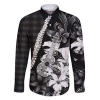 Hawaii Ukulele Family Matching Tank Maxi Dress and Hawaiian Shirt Tropical Flowers With Palaka Effect Black Version - Polynesian Pride