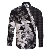 Hawaii Ukulele Family Matching Tank Maxi Dress and Hawaiian Shirt Tropical Flowers With Palaka Effect Black Version - Polynesian Pride