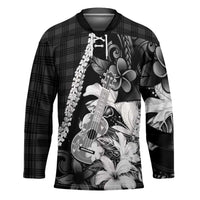 Hawaii Ukulele Hockey Jersey Tropical Flowers With Palaka Effect Black Version LT05 Unisex Black - Polynesian Pride