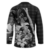 Hawaii Ukulele Hockey Jersey Tropical Flowers With Palaka Effect Black Version - Polynesian Pride