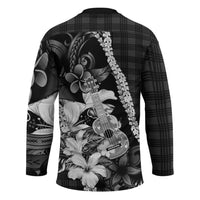 Hawaii Ukulele Hockey Jersey Tropical Flowers With Palaka Effect Black Version LT05 - Polynesian Pride